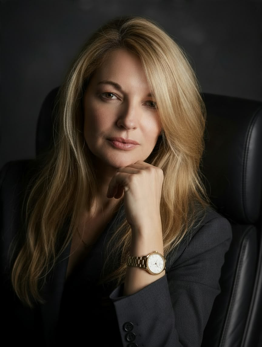 Portrait of Mari Lautenbach against a dark background